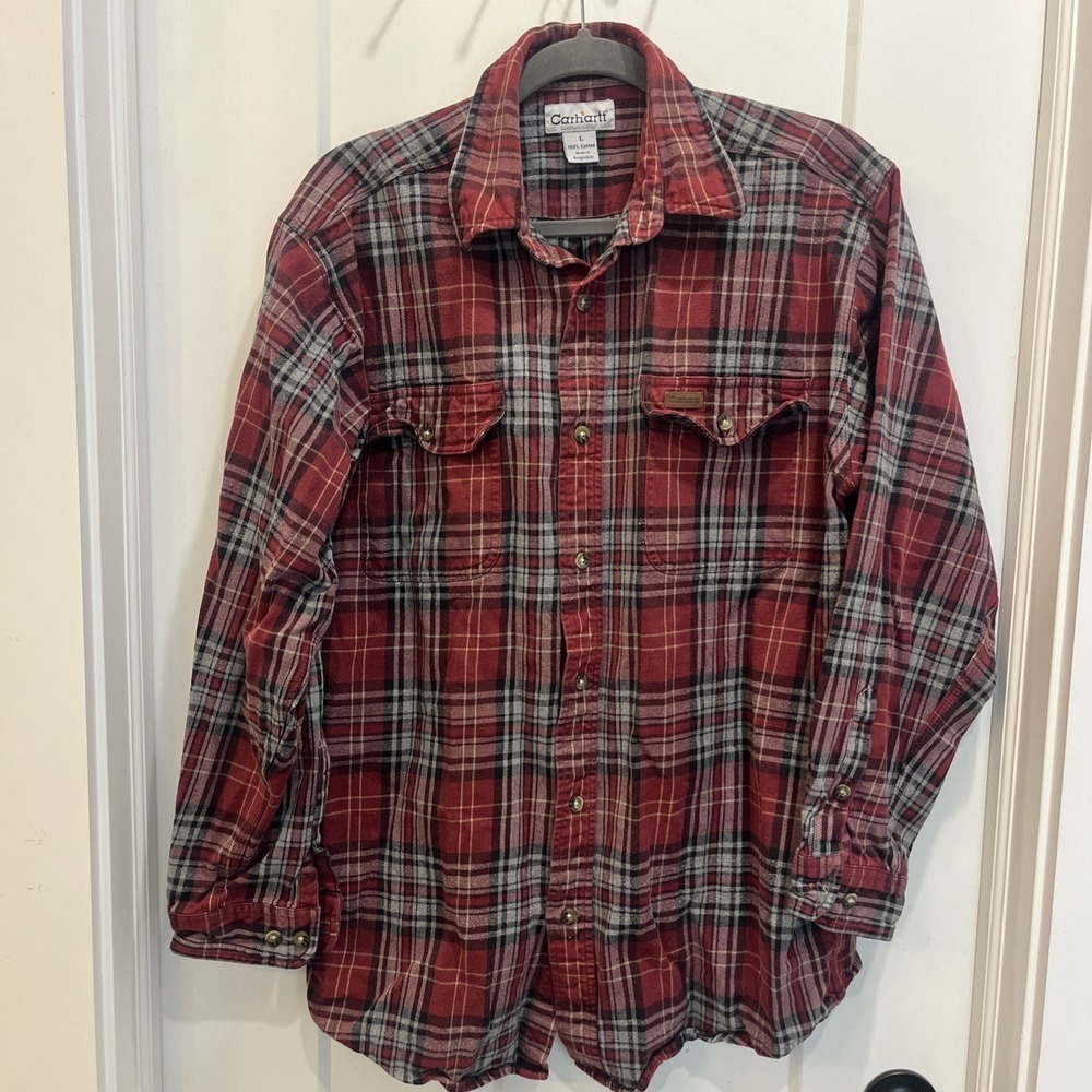 Carhartt Men's Long Sleeve Heavyweight Flannel Shirt Red Gray Plaid Size Large